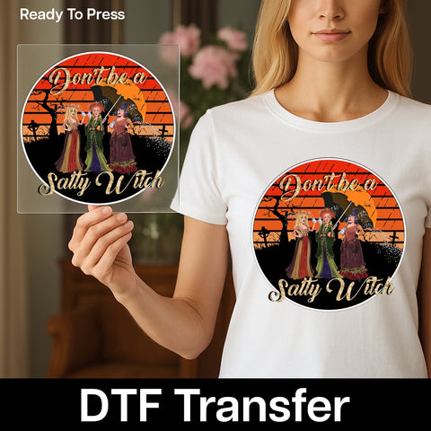 Funny Halloween Witch DTF Transfer, Iron-On Salty Witch Design for Women's Apparel, Retro Hocus Pocus Inspired Shirt