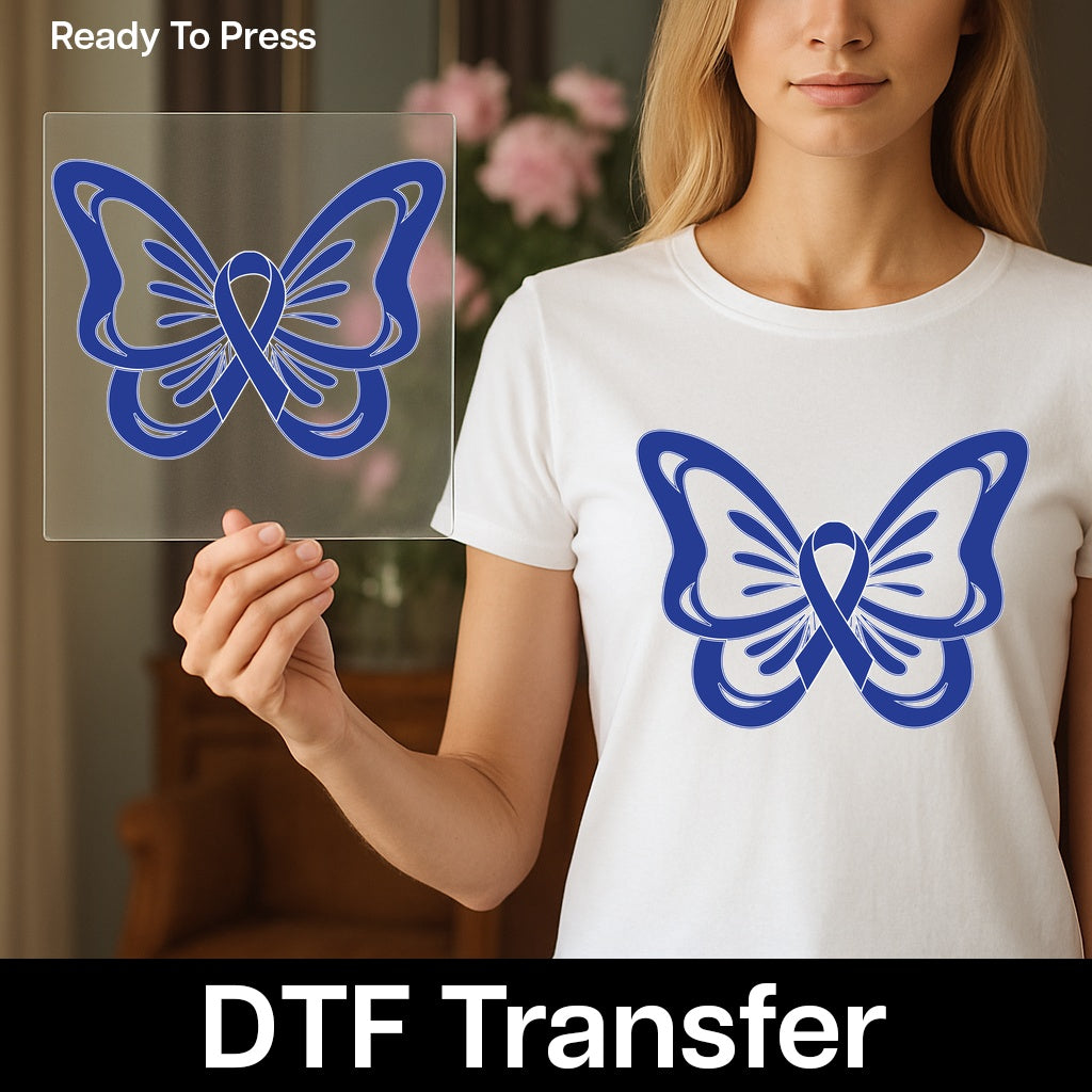 Blue Ribbon & Butterfly Awareness DTF Transfer for Group Support Apparel - Ready to Press Iron-On for Awareness T-shirts