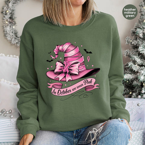 Pink Awareness & Halloween Witch Hat Cute October DTF Transfer for Women Apparel & Breast Cancer Support Group