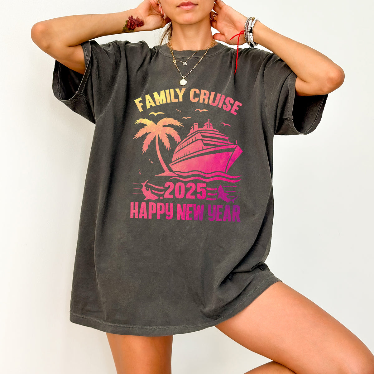 Festive Family Cruise New Year 2025 DTF Transfer, Ready To Press Tropical Sunset Palm & Shark Apparel for Matching Outfits