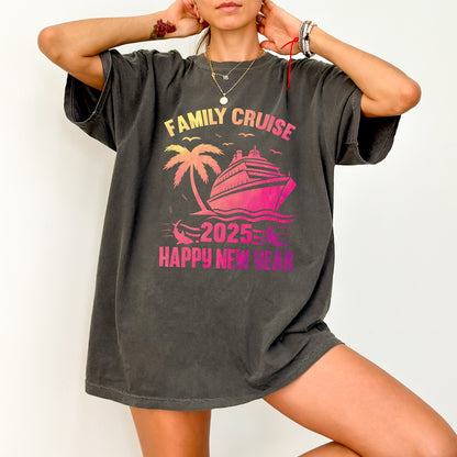 Festive Family Cruise New Year 2025 DTF Transfer, Ready To Press Tropical Sunset Palm & Shark Apparel for Matching Outfits