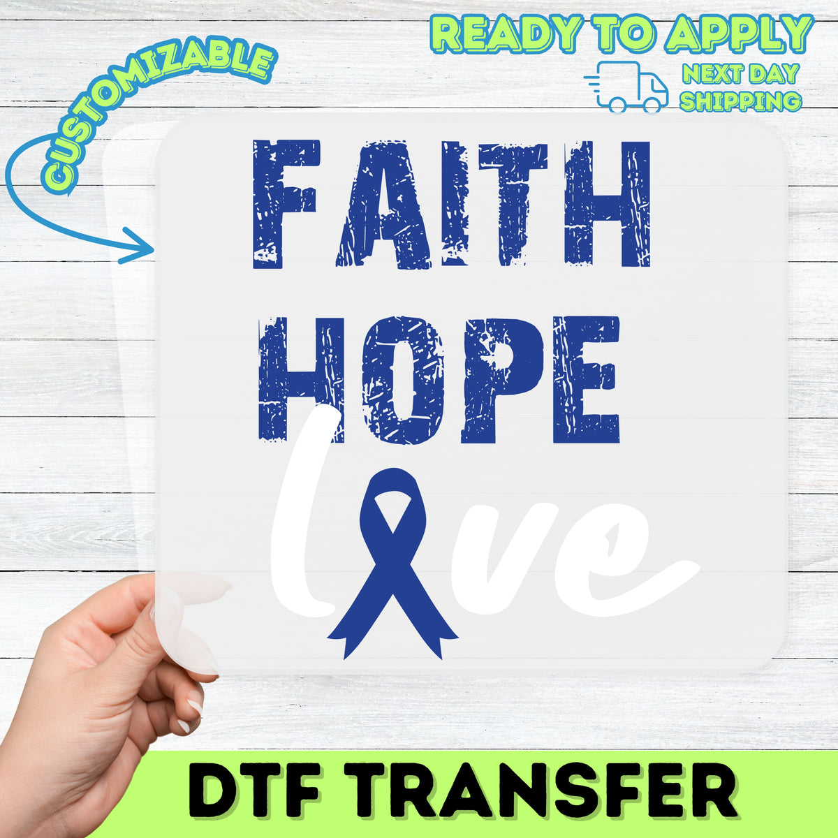 Faith Hope Love DTF Transfer Blue Ribbon Motivational Apparel Ready To Press Inspirational T-Shirt Cancer Awareness