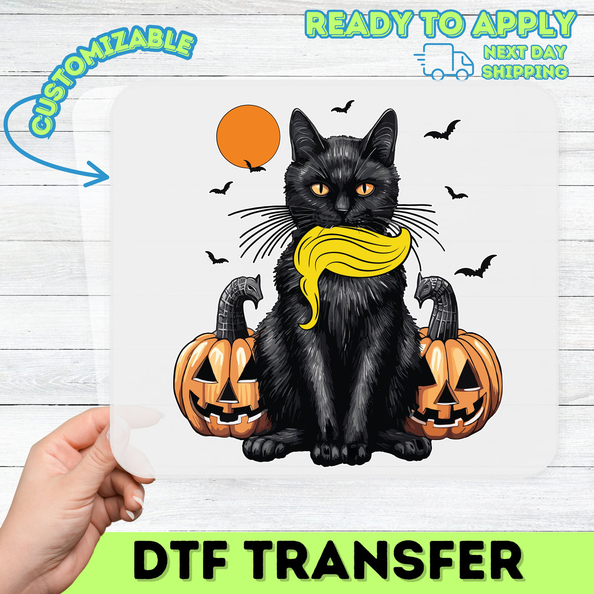 Cute Halloween Black Cat & Pumpkin DTF Transfer Ready to Press for Funny Iron-On Halloween Shirt & Sweatshirt