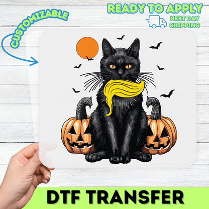 Cute Halloween Black Cat & Pumpkin DTF Transfer Ready to Press for Funny Iron-On Halloween Shirt & Sweatshirt