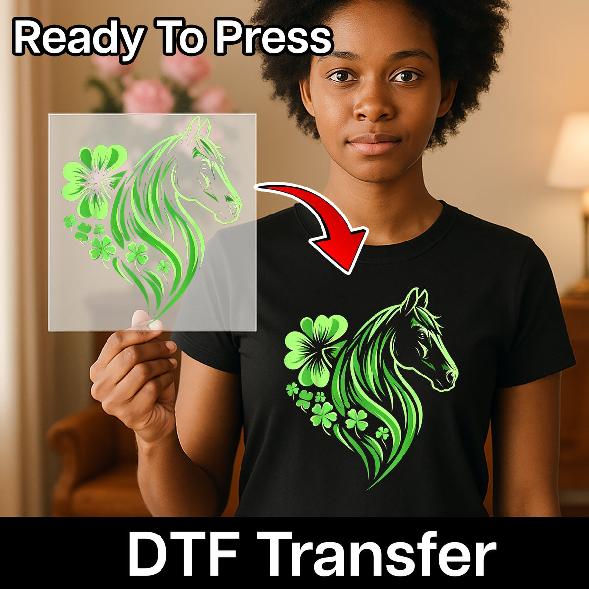 St. Patrick's Day Lucky Horse DTF Transfer, Cute Shamrock Celtic Horse Art Iron-On for Equestrian Apparel & T-Shirts