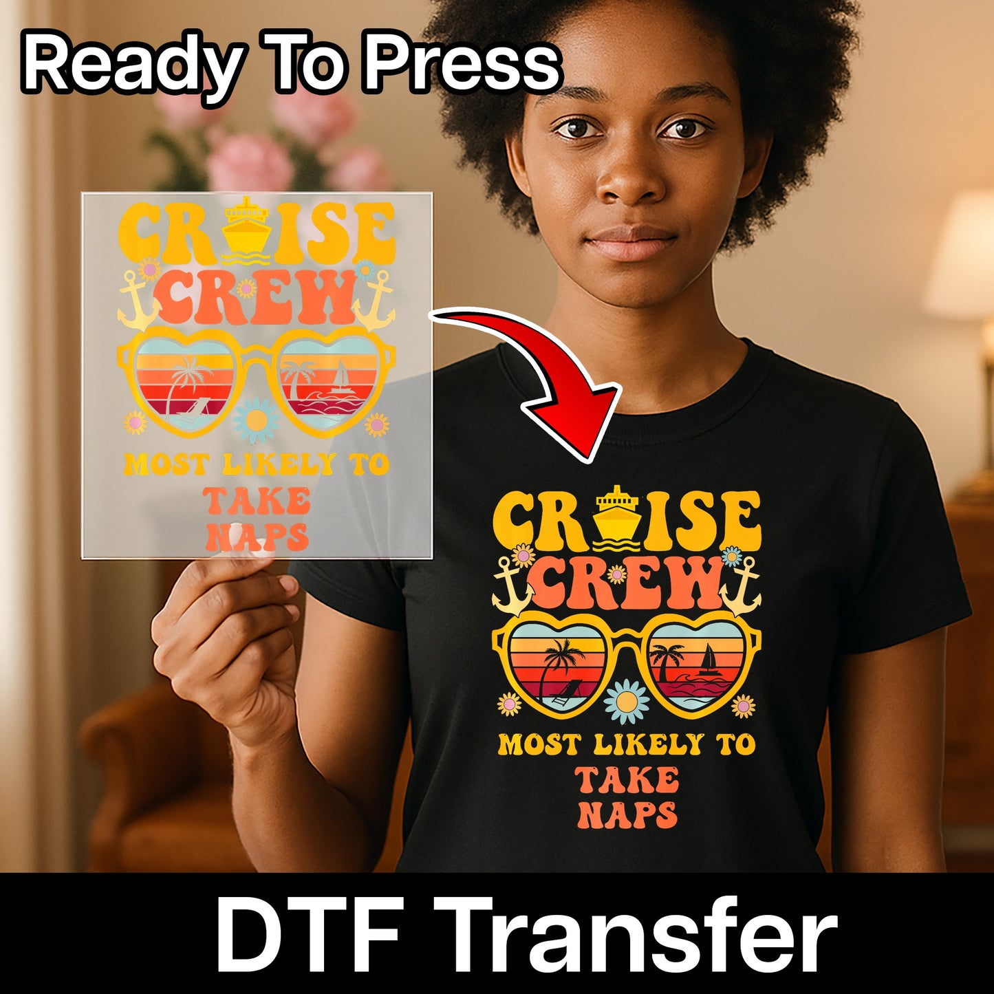 Retro Cruise Crew Fun DTF Transfer, Funny Vacation Iron-On, Ready To Press Tropical Beach Shirt for Group Travel Apparel