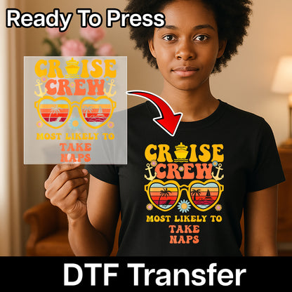 Retro Cruise Crew Fun DTF Transfer, Funny Vacation Iron-On, Ready To Press Tropical Beach Shirt for Group Travel Apparel