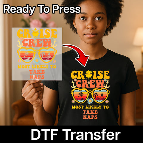 Retro Cruise Crew Fun DTF Transfer, Funny Vacation Iron-On, Ready To Press Tropical Beach Shirt for Group Travel Apparel