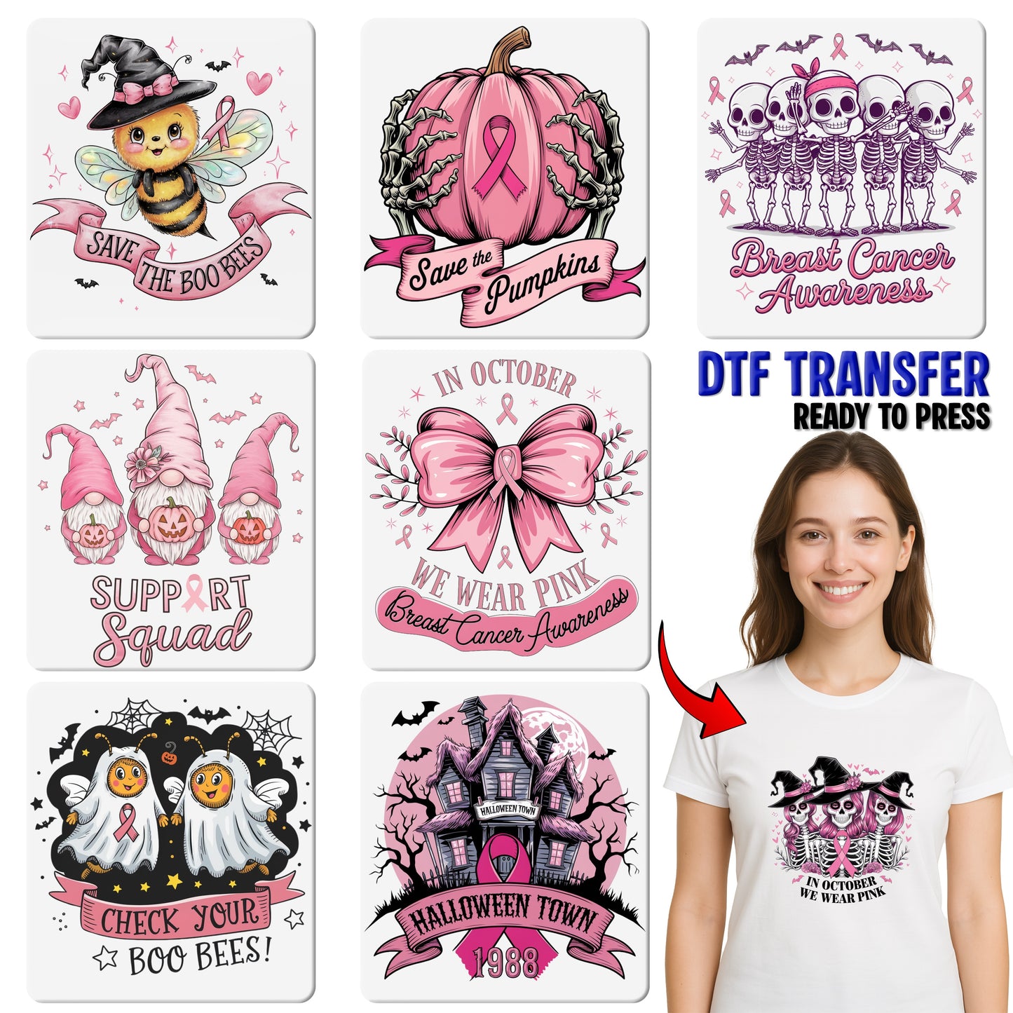 Funny Halloween Boo Bees DTF Transfer for Women's Shirt - Cute Breast Cancer Awareness Iron-On for Holiday Apparel & Events