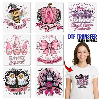 Funny Halloween Boo Bees DTF Transfer for Women's Shirt - Cute Breast Cancer Awareness Iron-On for Holiday Apparel & Events