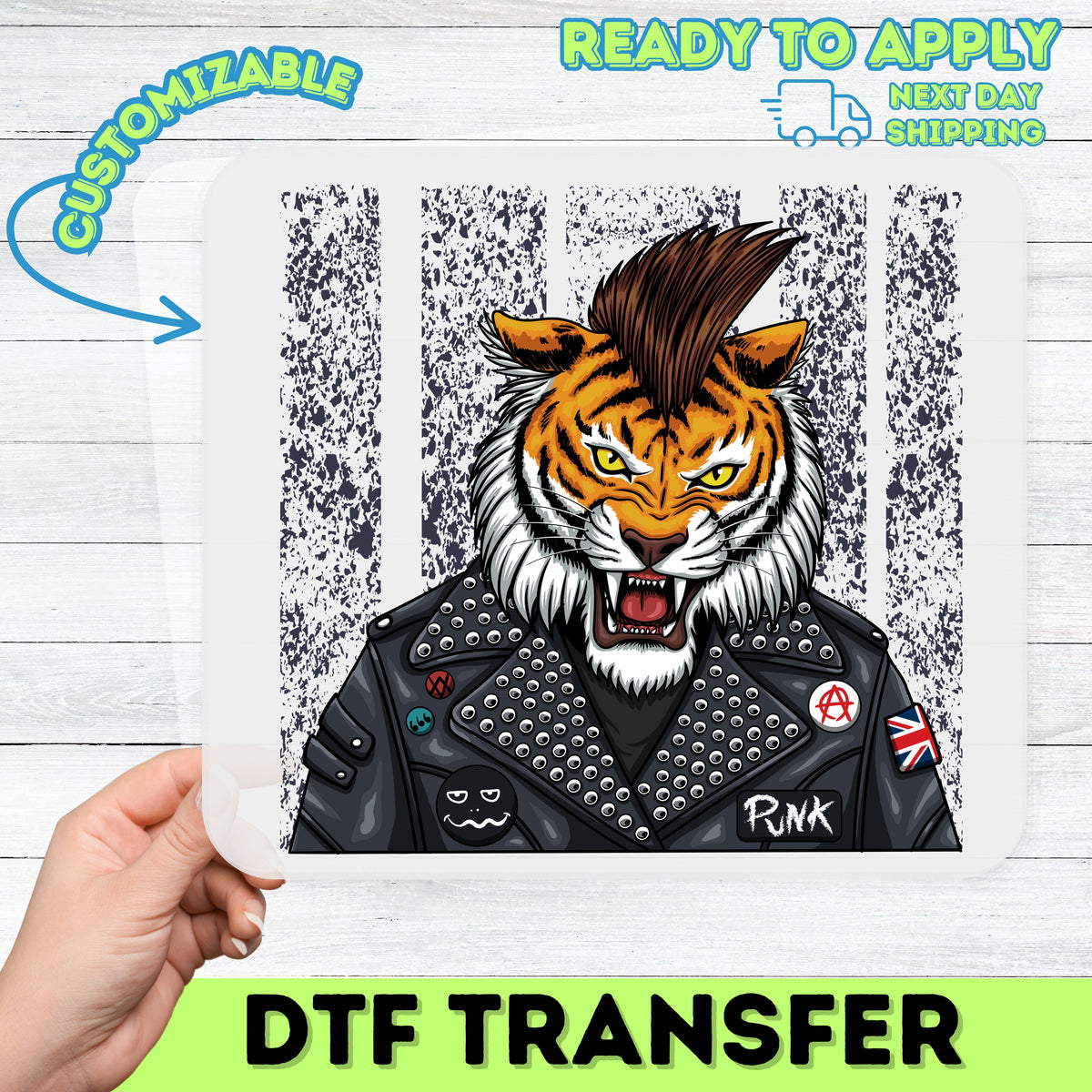 Punk Rock Tiger DTF Transfer Rebel Fashion Tee for Festival Goers & Music Enthusiasts Iron-On T-Shirt Design