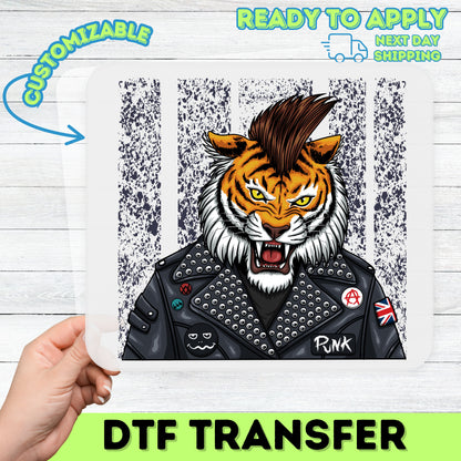 Punk Rock Tiger DTF Transfer Rebel Fashion Tee for Festival Goers & Music Enthusiasts Iron-On T-Shirt Design
