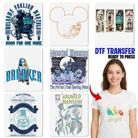 Spooky Haunted Mansion Halloween DTF Transfer Ready to Press for Funny Ghost Theme Shirts Apparel