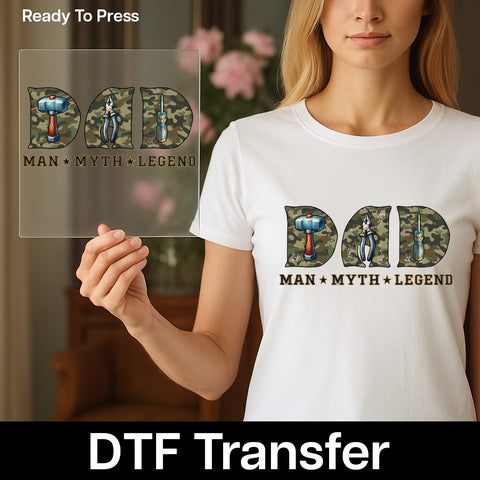 Funny Father's Day Iron-On Ready-To-Press DTF Transfer for Dad T-Shirt - Man Myth Legend Camouflage Design