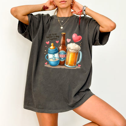 Funny First Father's Day Baby & Beer Cartoon DTF Transfer, Ready To Press Iron-On for New Dad T-shirts & Apparel