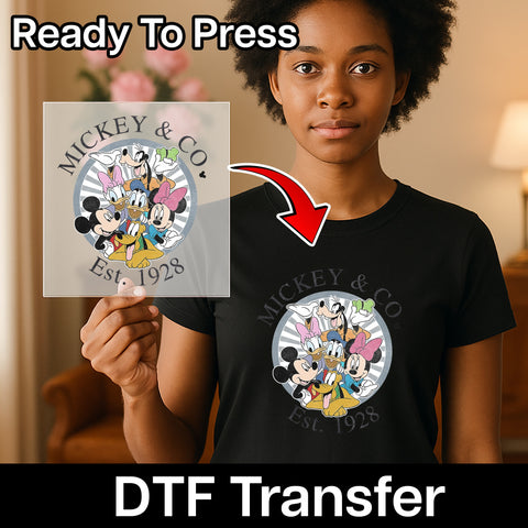 Nostalgic Classic Cartoon DTF Transfer for Family Apparel - Retro Animation Tee with Mickey & Co. Design - Ready To Press Iron-On for Fans