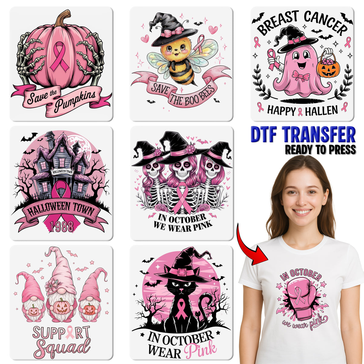 Halloween & Breast Cancer Awareness DTF Transfer for Women T-Shirts Ready to Press Skull Witch Hat Pink Ribbon