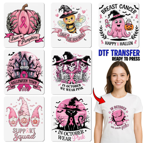 Halloween & Breast Cancer Awareness DTF Transfer for Women T-Shirts Ready to Press Skull Witch Hat Pink Ribbon