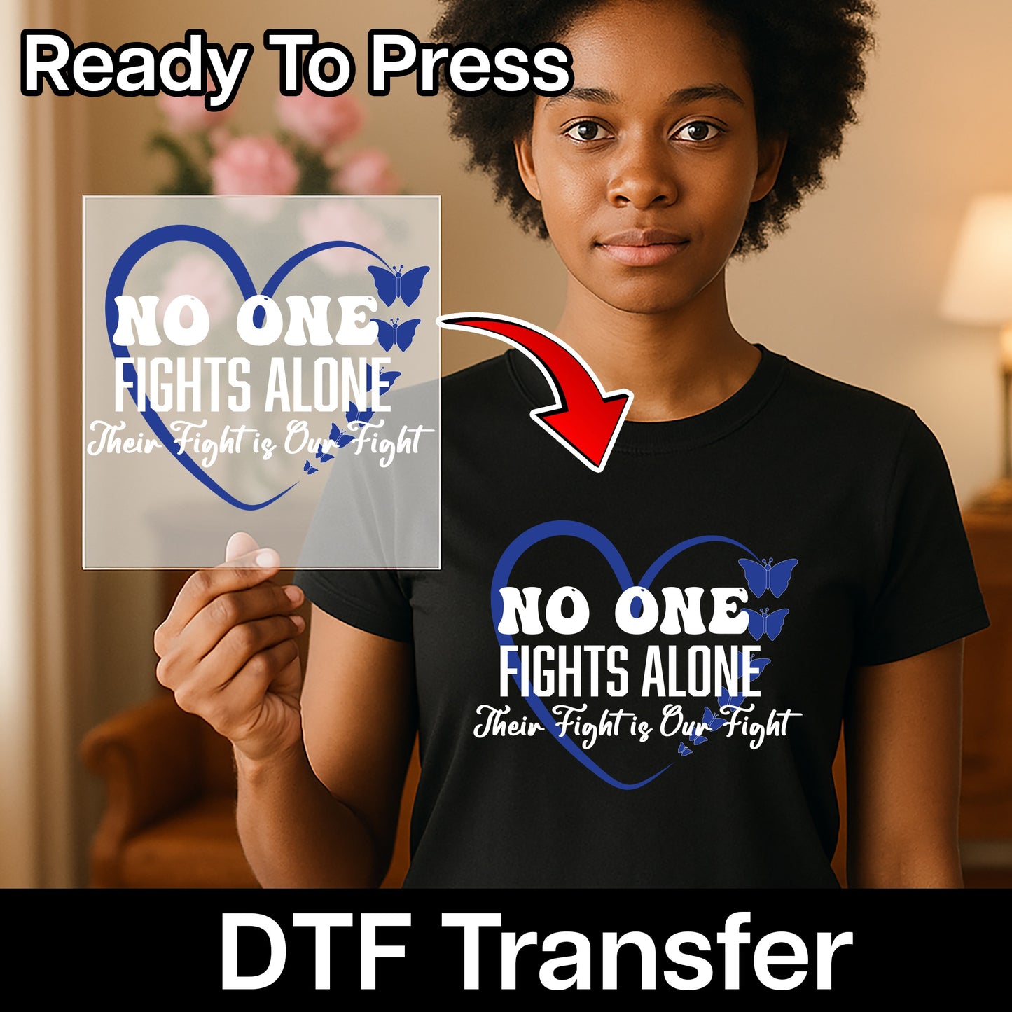 Supportive DTF Transfer Butterfly Community Apparel, Inspirational No One Fights Alone Iron-On Design for Cancer Awareness Shirts