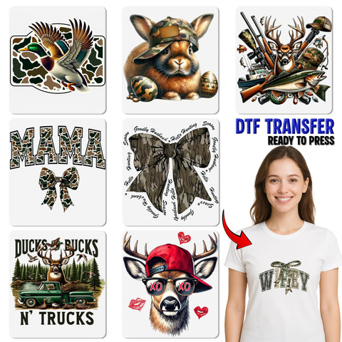 Camouflage Bow DTF Transfer Ready To Press Iron-On Cute Country Chic T-Shirt Outdoor Enthusiasts Camping Apparel