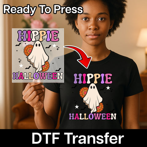 Cute Hippie Halloween Ghost Sunflowers DTF Transfer for Retro Boho Apparel & Group Party Shirt