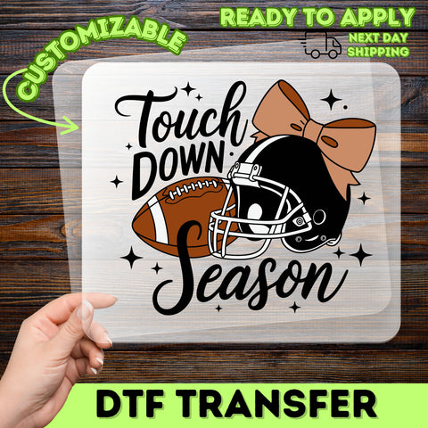 Cute Football Season DTF Transfer for Women's Shirt - Touch Down Season with Bow & Helmet Ready To Press Iron-On Apparel
