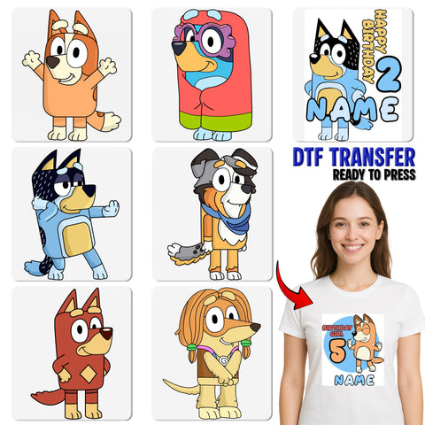 Cute Cartoon Dog DTF Transfer for Kids & Dog Lovers - Ready To Press Animated Dog Design for Apparel & Family Matching Shirts