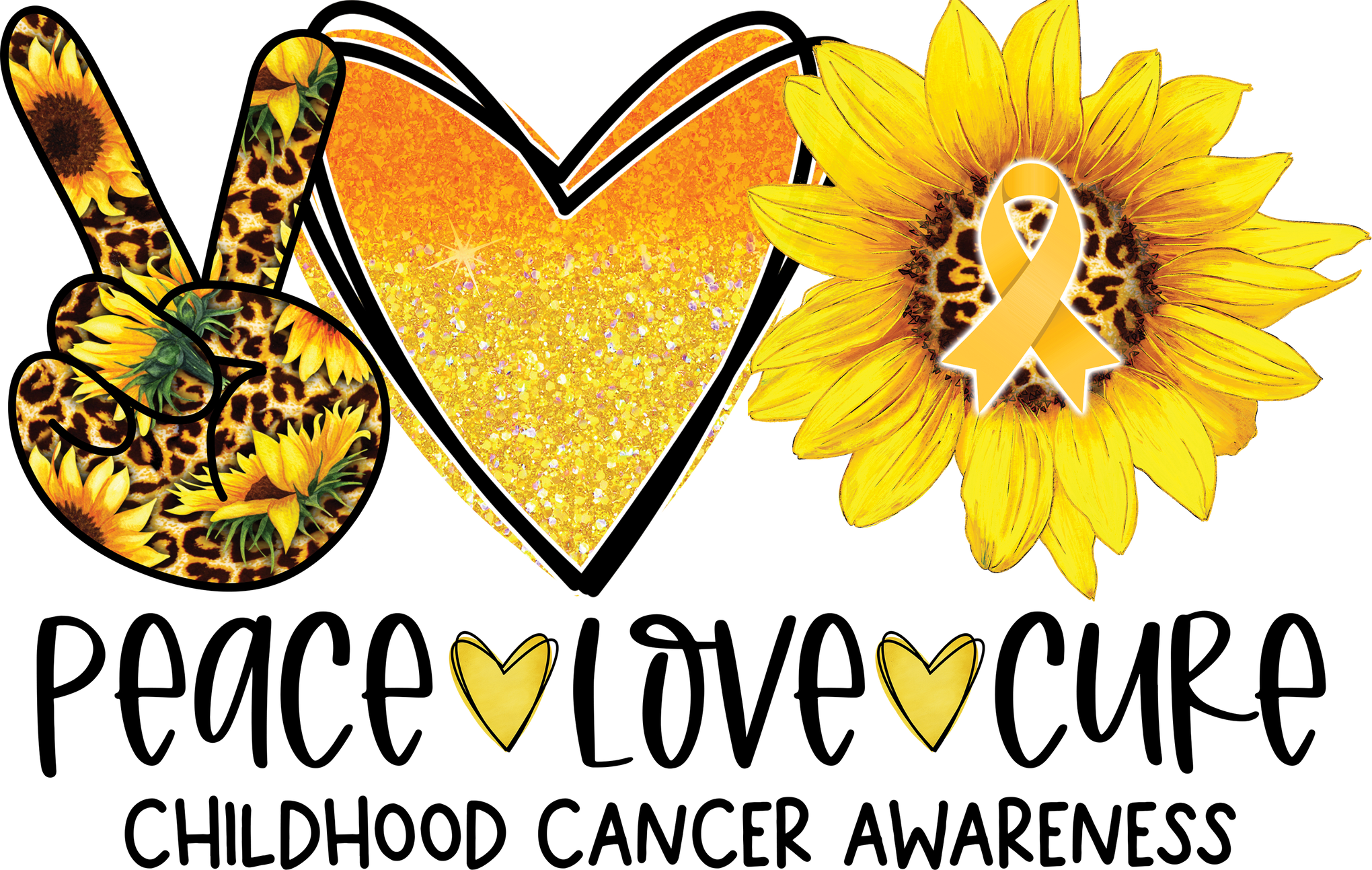Peace Love Cure Cancer Shirts for Kids, Childhood Cancer Awareness Sunflower Tshirts, Peace Heart Gold Ribbon Leopard Print Graphic Tees