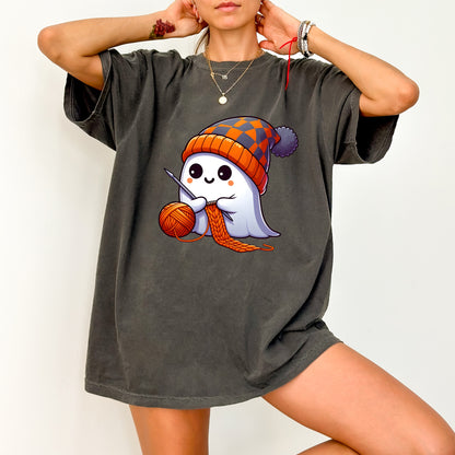 Cute Funny Halloween Knitting Ghost DTF Transfer Design for T-Shirts & Apparel - Ready To Press Iron-On Art