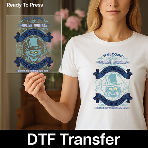 Haunted Mansion Ghostly Welcome Halloween DTF Transfer Iron-On for Spooky Apparel Group Costume