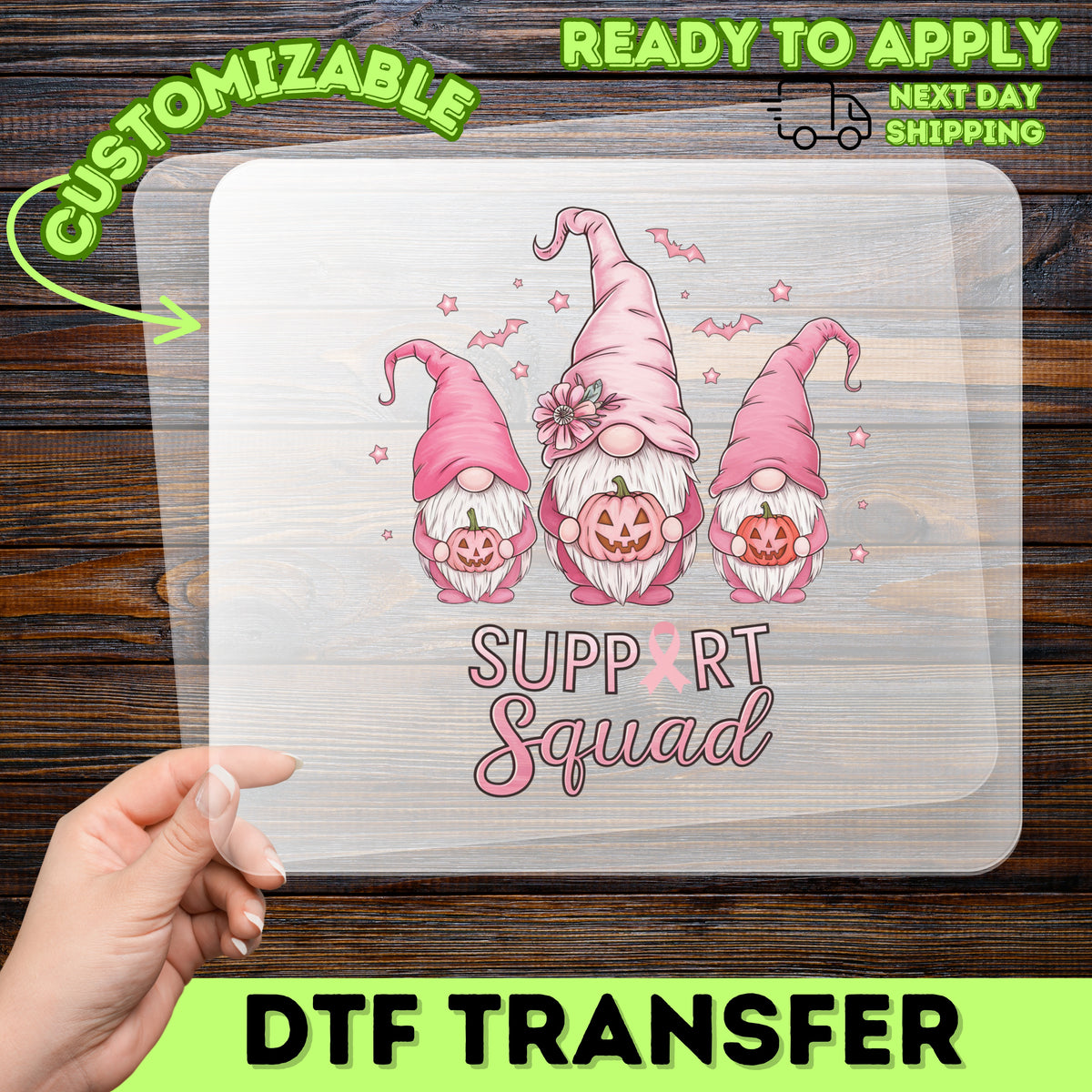 Cute Gnome DTF Transfer Halloween Breast Cancer Awareness Iron-On T-shirt for Support Squads & Family