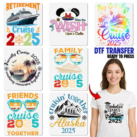 Iron-On New Year Cruise DTF Transfer 2025 | Retro Nautical Family T-Shirt & Apparel for Celebrations Ready to Press