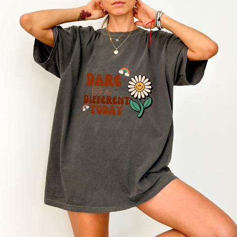 Retro Flower & Rainbow Inspirational DTF Transfer for Group Apparel - Dare to be Different Motivational Shirt Design