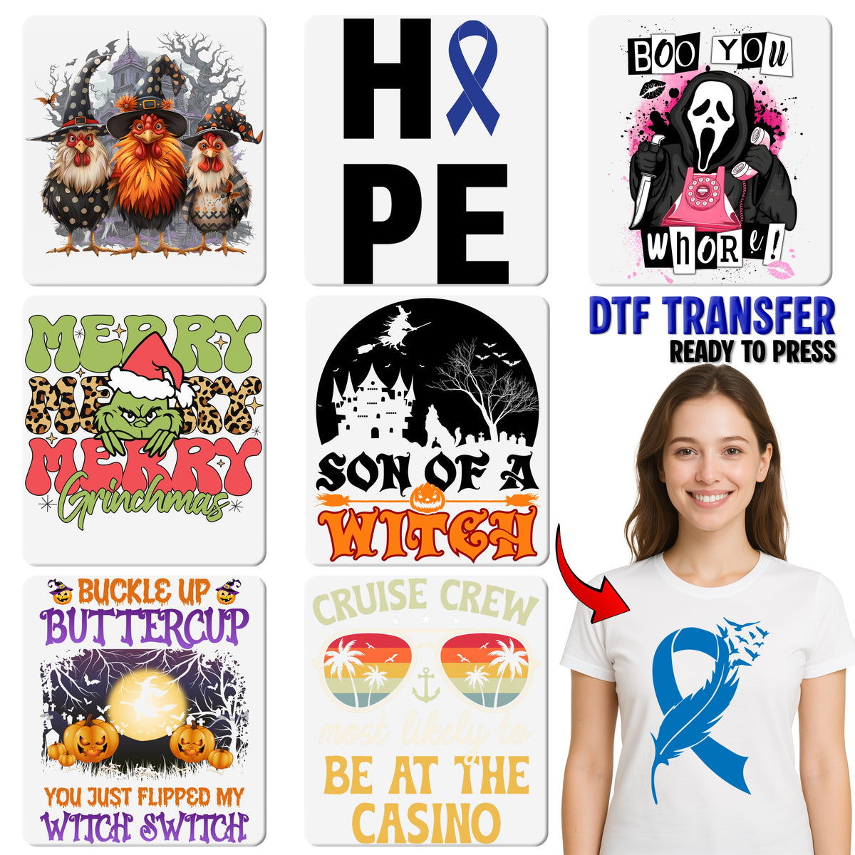 Funny Halloween Chicken Witch Hat DTF Transfer Iron-On for Farm Lover T-Shirt Ready to Press Spooky Holiday Apparel