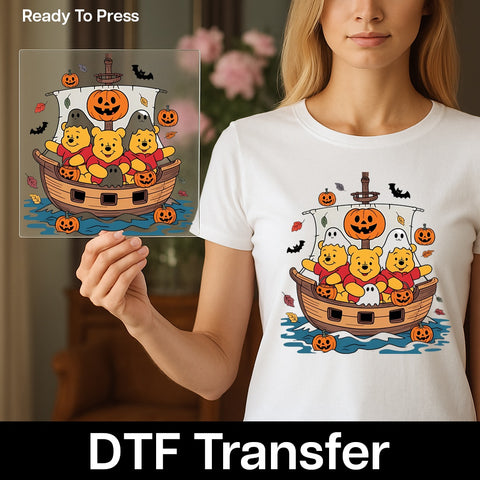 Cute Halloween Bears in Boat DTF Transfer Iron-On | Ready To Press Halloween T-Shirt Transfer for Family Fun & Disney Fans