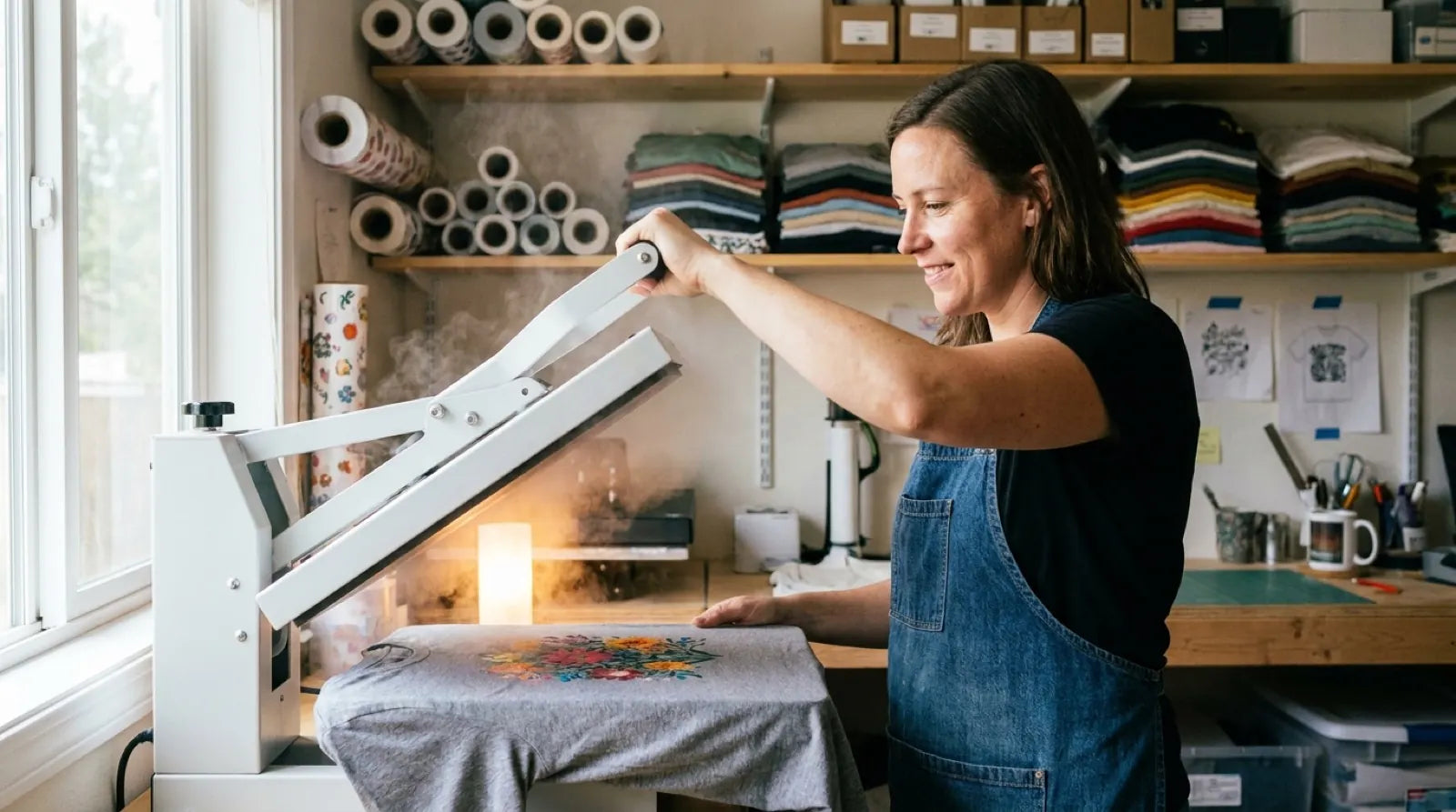 A maker lifting the heat press over a freshly printed t-shirt