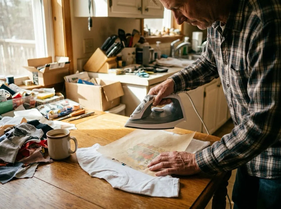 A man pressing a DTF transfer with a household iron at home