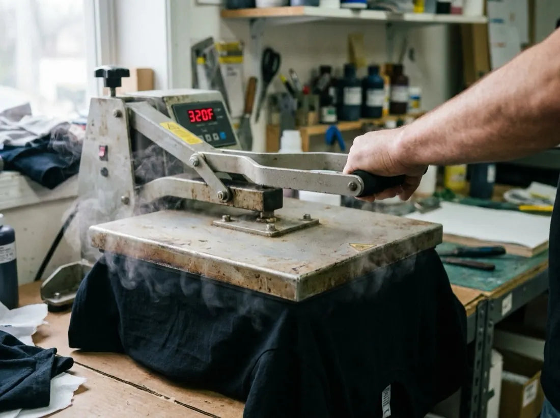 A heat press closing on a DTF transfer over a black shirt
