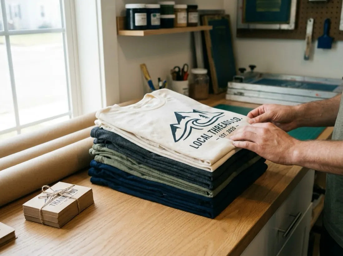 Finished printed shirts folded on a table