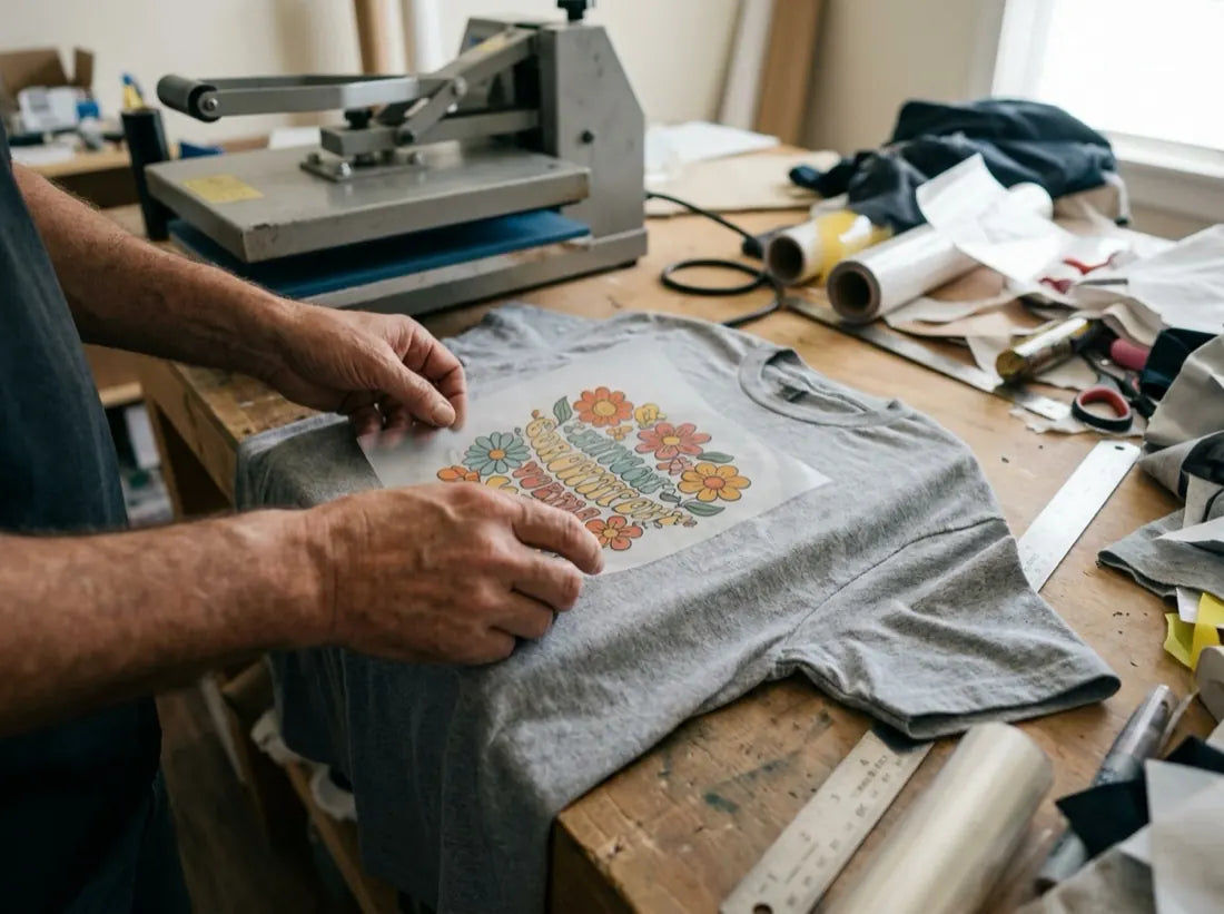 A single DTF transfer laid on a folded grey t-shirt