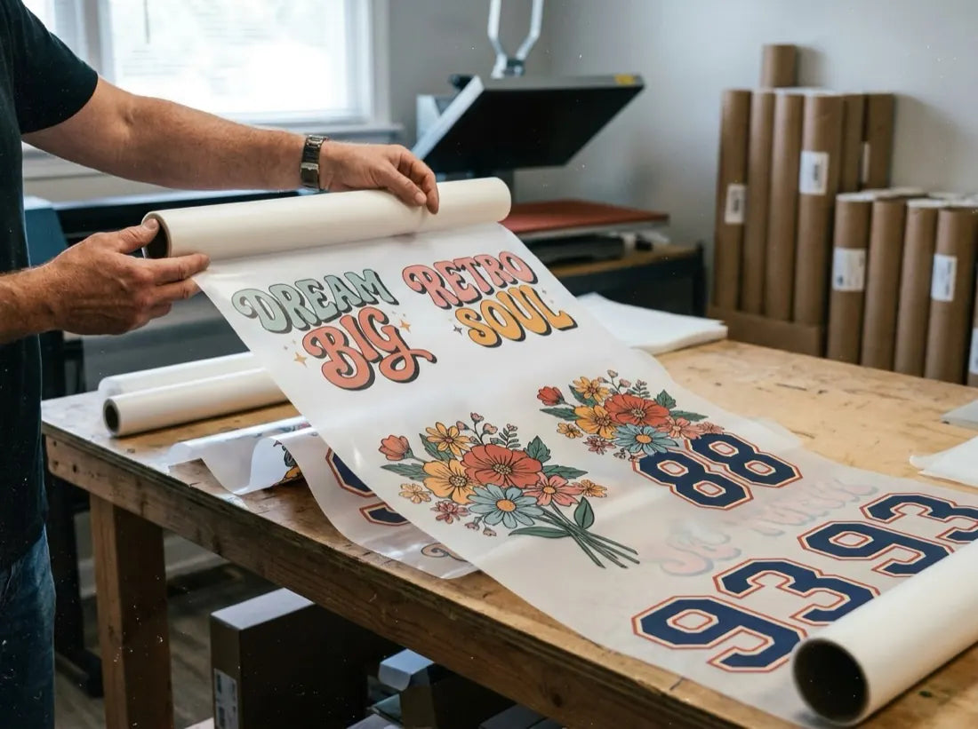 Hands lifting a wide printed DTF gang sheet off a worktable